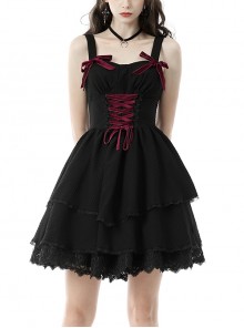 Wide-Strap Red Velvet Bow Side Zip Black Pleated Suspender Gothic Princess Dress
