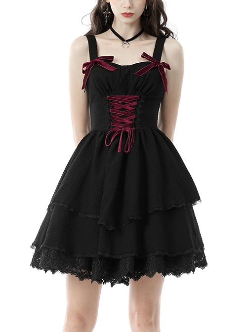 Wide-Strap Red Velvet Bow Side Zip Black Pleated Suspender Gothic Princess Dress