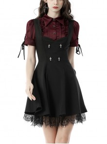 Lace Black Wide Strap Low Cut Gothic Bow Belt Mystery Dress