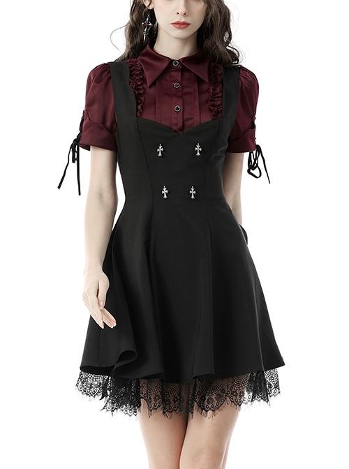 Lace Black Wide Strap Low Cut Gothic Bow Belt Mystery Dress