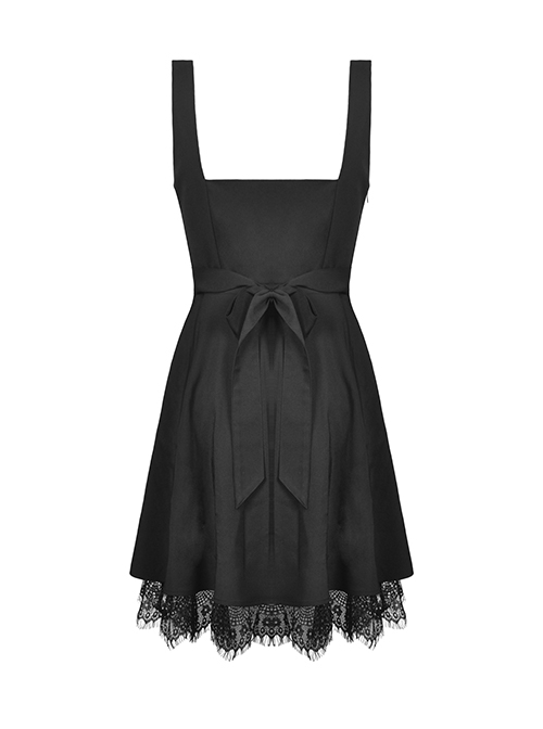 Lace Black Wide Strap Low Cut Gothic Bow Belt Mystery Dress