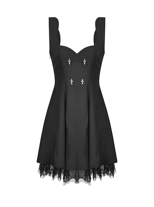 Lace Black Wide Strap Low Cut Gothic Bow Belt Mystery Dress