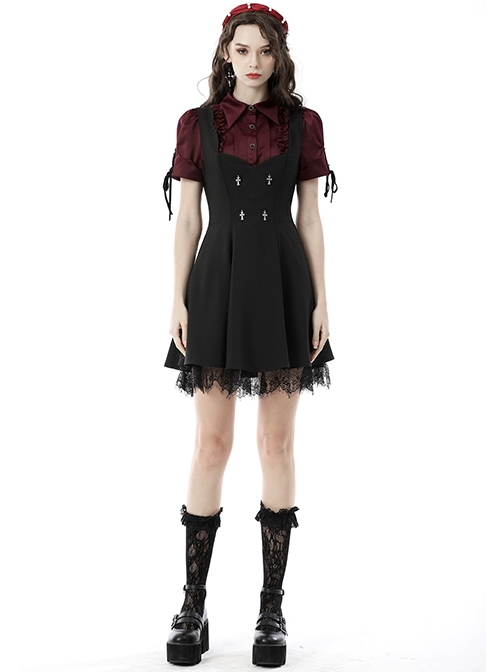 Lace Black Wide Strap Low Cut Gothic Bow Belt Mystery Dress