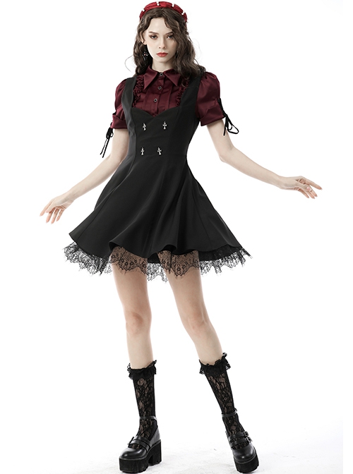 Lace Black Wide Strap Low Cut Gothic Bow Belt Mystery Dress