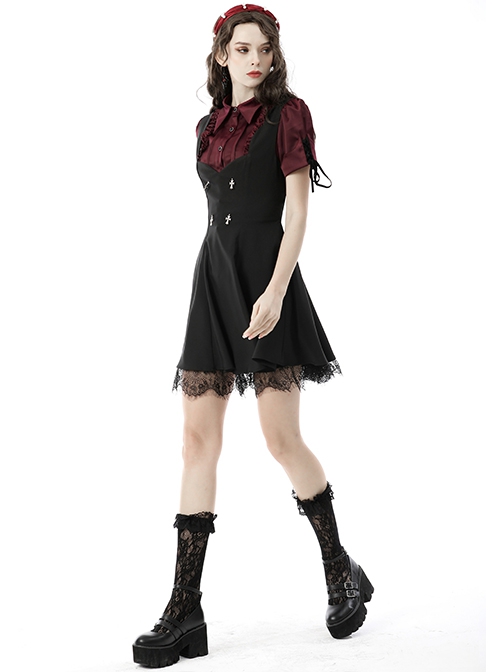 Lace Black Wide Strap Low Cut Gothic Bow Belt Mystery Dress