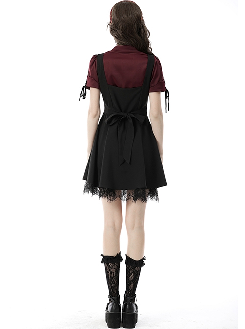 Lace Black Wide Strap Low Cut Gothic Bow Belt Mystery Dress