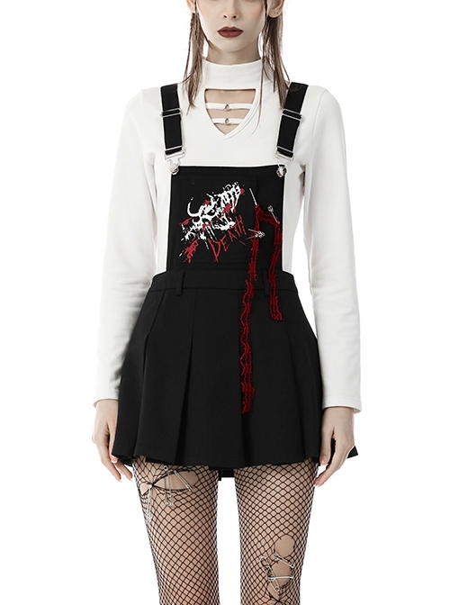 Black Suspender Pleated Skirt Print Pin Gothic Sexy Statement Suspender Skirt
