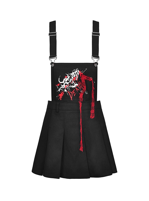 Black Suspender Pleated Skirt Print Pin Gothic Sexy Statement Suspender Skirt