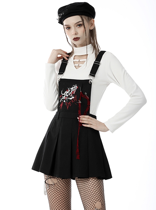 Black Suspender Pleated Skirt Print Pin Gothic Sexy Statement Suspender Skirt