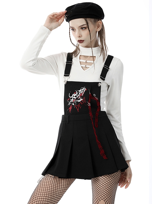 Black Suspender Pleated Skirt Print Pin Gothic Sexy Statement Suspender Skirt