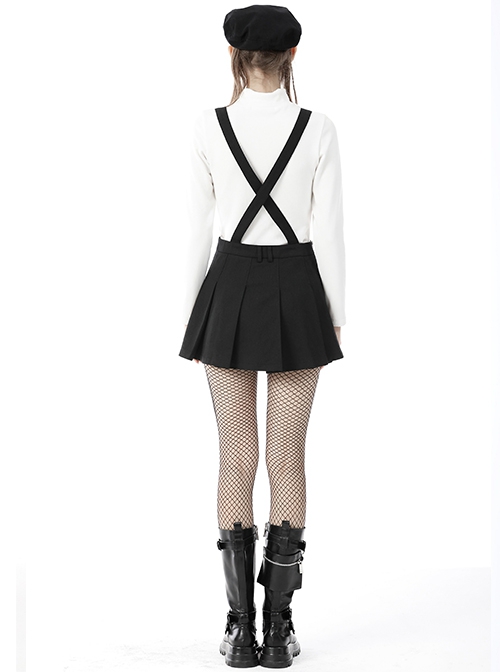 Black Suspender Pleated Skirt Print Pin Gothic Sexy Statement Suspender Skirt