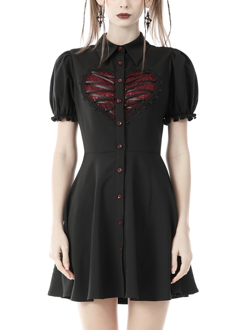 Doll Collar Personalized Shirt Dress Black Puff Sleeves Design Red Heart Button Gothic Dress