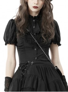Lace Ruffle Neckline Black Sexy Palace Puff Sleeves Gothic Button Personality Strap Short Shirt