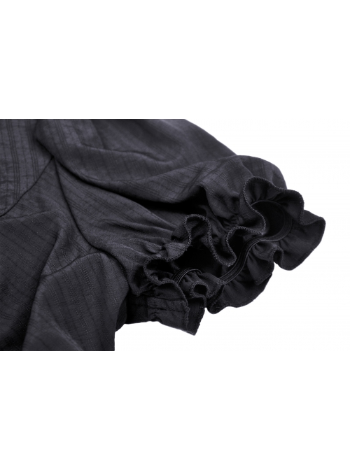 Lace Ruffle Neckline Black Sexy Palace Puff Sleeves Gothic Button Personality Strap Short Shirt