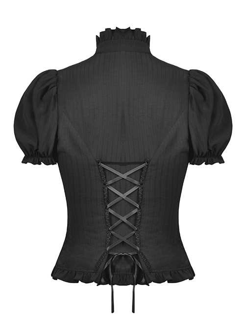 Lace Ruffle Neckline Black Sexy Palace Puff Sleeves Gothic Button Personality Strap Short Shirt