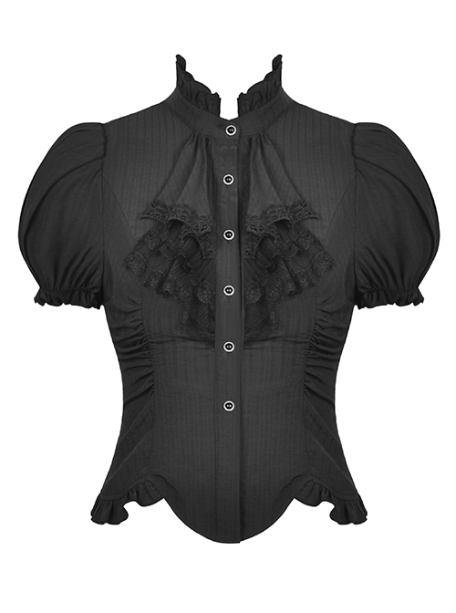 Lace Ruffle Neckline Black Sexy Palace Puff Sleeves Gothic Button Personality Strap Short Shirt