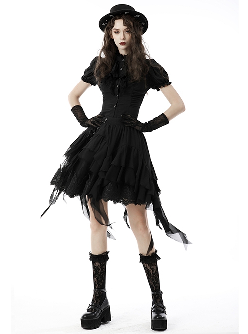 Lace Ruffle Neckline Black Sexy Palace Puff Sleeves Gothic Button Personality Strap Short Shirt