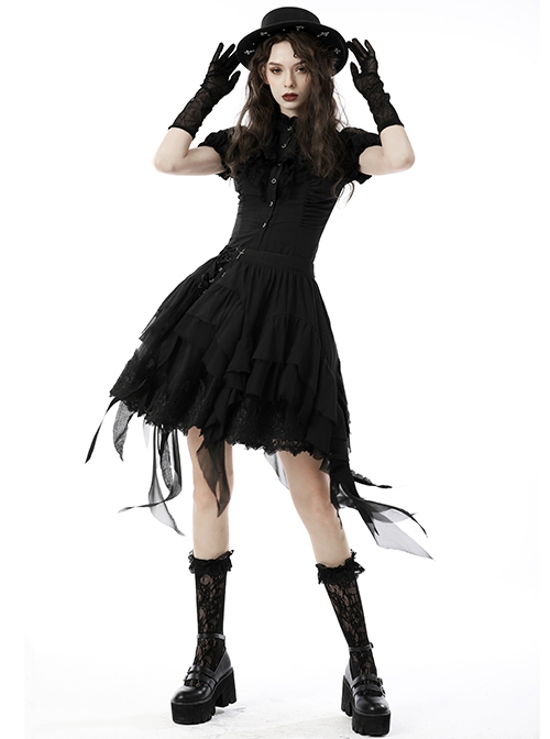 Lace Ruffle Neckline Black Sexy Palace Puff Sleeves Gothic Button Personality Strap Short Shirt