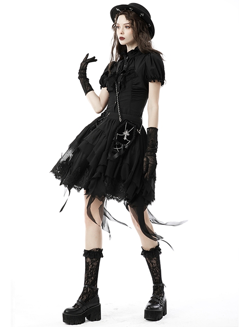 Lace Ruffle Neckline Black Sexy Palace Puff Sleeves Gothic Button Personality Strap Short Shirt