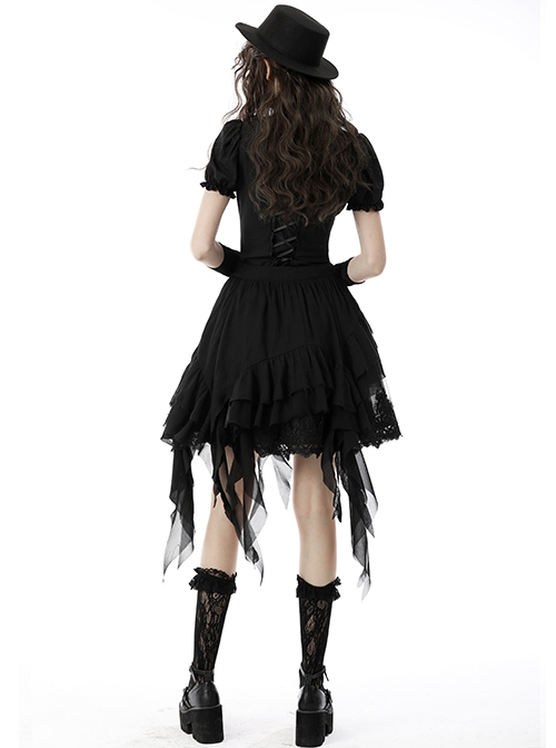 Lace Ruffle Neckline Black Sexy Palace Puff Sleeves Gothic Button Personality Strap Short Shirt
