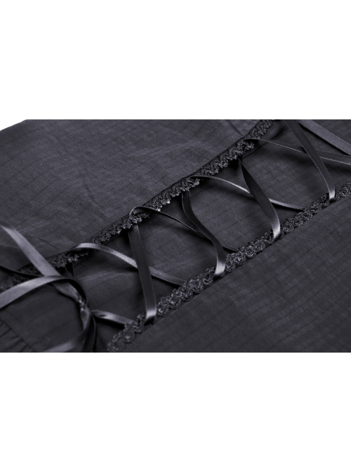 Lace Ruffle Neckline Black Sexy Palace Puff Sleeves Gothic Button Personality Strap Short Shirt