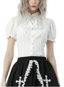 Sexy Slim Fit Lace Up Puff Sleeves Gothic Pearl Button-Up Shirt With White Lace Ruffle Neckline