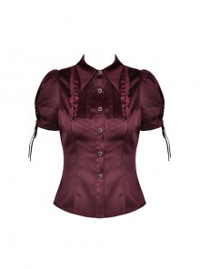 Elegant Wood Ear Velvet Bandage Red Court Personality Gothic Button Slim Shirt