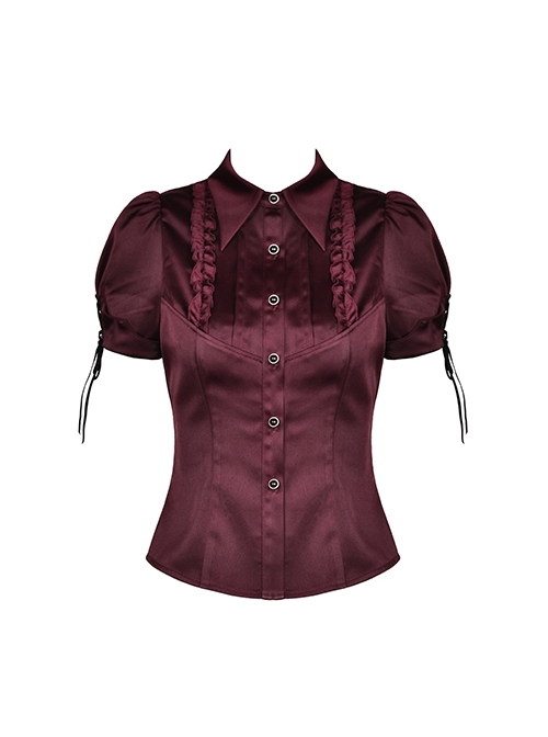 Elegant Wood Ear Velvet Bandage Red Court Personality Gothic Button Slim Shirt