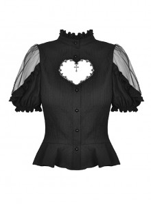 Off-The-Shoulder Sexy Black Tulle Puff Sleeves Fungus Neckline Gothic Button Heart Design Shirt
