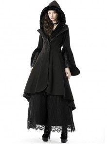 Gorgeous Lapels Black Fungus Plush Edging Removable Big Hat Cloak Gothic Tuxedo  Hem Witch Coat