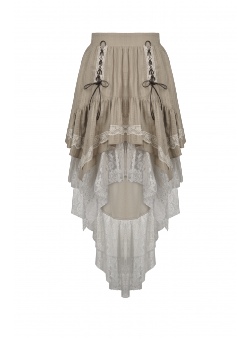 Lace Double Layer Apricot Steampunk High Waist Irregular Frill Long Back Tuxedo Skirt