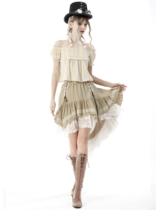 Lace Double Layer Apricot Steampunk High Waist Irregular Frill Long Back Tuxedo Skirt