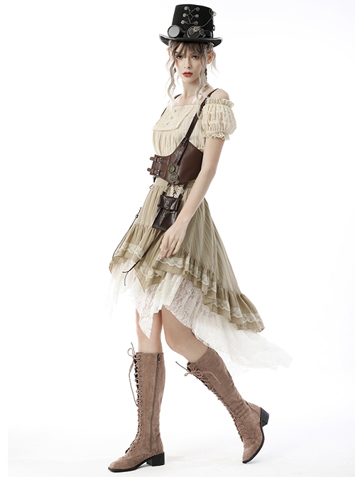 Lace Double Layer Apricot Steampunk High Waist Irregular Frill Long Back Tuxedo Skirt