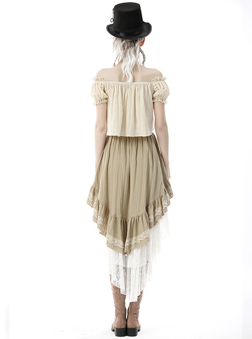 Lace Double Layer Apricot Steampunk High Waist Irregular Frill Long Back Tuxedo Skirt