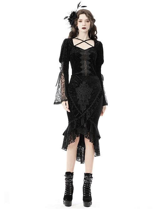 Lace Stitching Black Package Hip Sexy Gothic Classic Queen Jacquard Fishtail Skirt