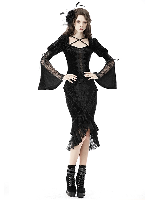Lace Stitching Black Package Hip Sexy Gothic Classic Queen Jacquard Fishtail Skirt