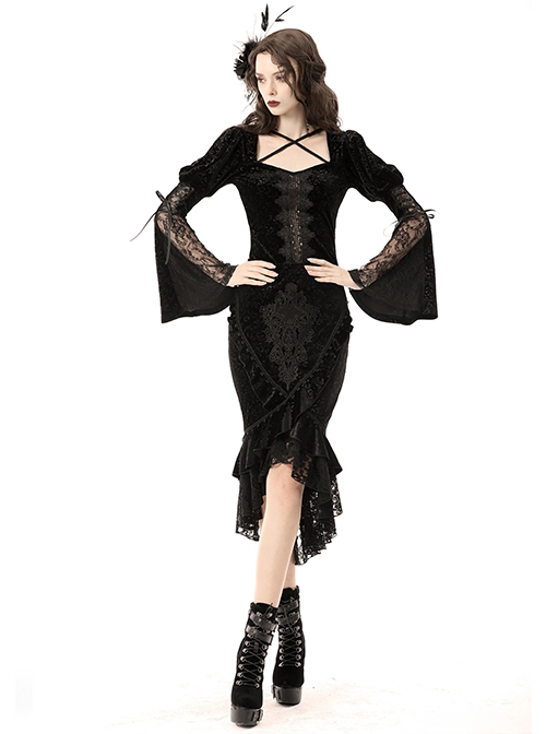Lace Stitching Black Package Hip Sexy Gothic Classic Queen Jacquard Fishtail Skirt