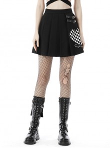 Cool Checkerboard Plaid Heart Punk Pin Personality Belt Buckle Sexy Black Pleated Skirt