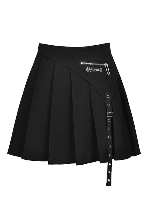 Cool Checkerboard Plaid Heart Punk Pin Personality Belt Buckle Sexy Black Pleated Skirt