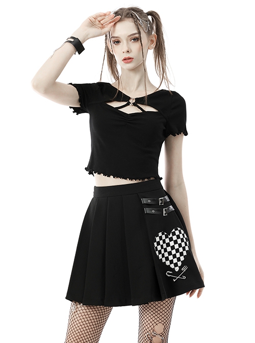 Cool Checkerboard Plaid Heart Punk Pin Personality Belt Buckle Sexy Black Pleated Skirt
