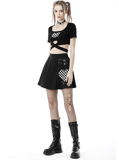 Cool Checkerboard Plaid Heart Punk Pin Personality Belt Buckle Sexy Black Pleated Skirt