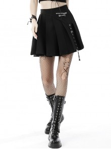 Versatile Black Asymmetrical Punk Rock Cool Zipper Statement Belt Buckle Design Pleated Skirt