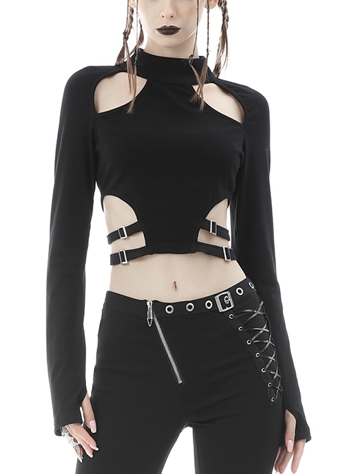 Short Stitching Punk Rebel Hollow Sexy Black Irregular Girl Long-Sleeved Crop Top