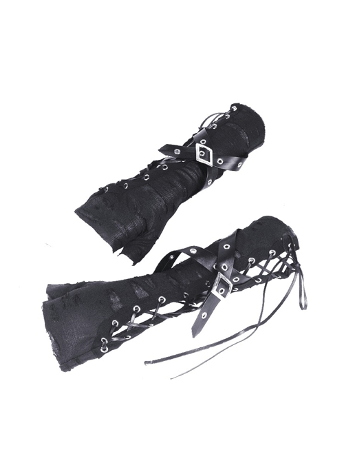 Punk Black Tie-up Ripped Design Long Gloves