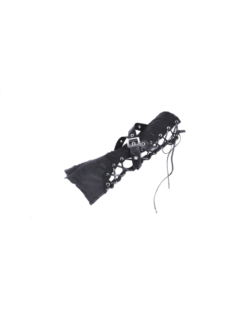 Punk Black Tie-up Ripped Design Long Gloves