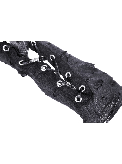 Punk Black Tie-up Ripped Design Long Gloves