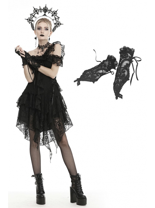 Gothic Lolita Elegant Black Embroidery Lace Gloves