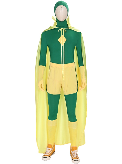 Wanda Vision Vision Green Bodysuit Yellow Cloak Halloween Cosplay Costume Green Bodysuit