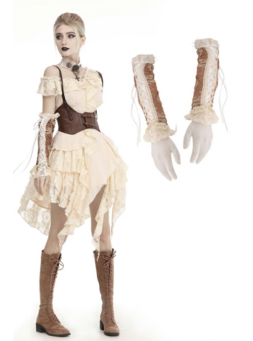 Steampunk Apricot Lace-up Brown Long Gloves