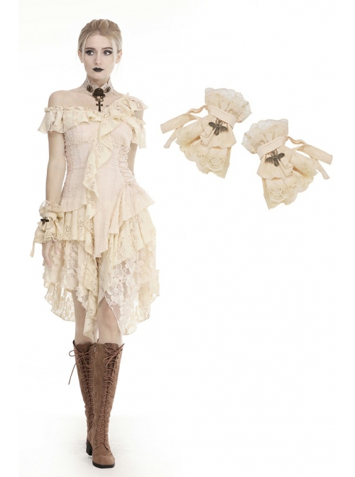 Steampunk Apricot Lace Frill Bee Pendant Short Gloves